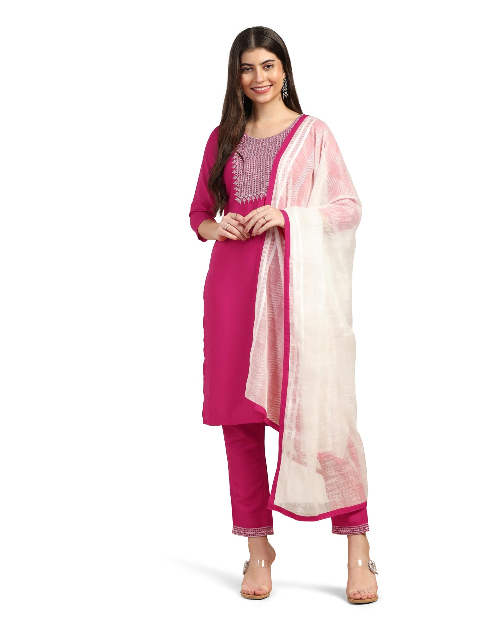 Toplot Women'S Solid Straight Kurta With Pant & Dupatta|Kurta Pant Set With Dupatta (Straight-Kurta-Pant-5197-Pink-L),Pink,,B0DCNMHDJ7