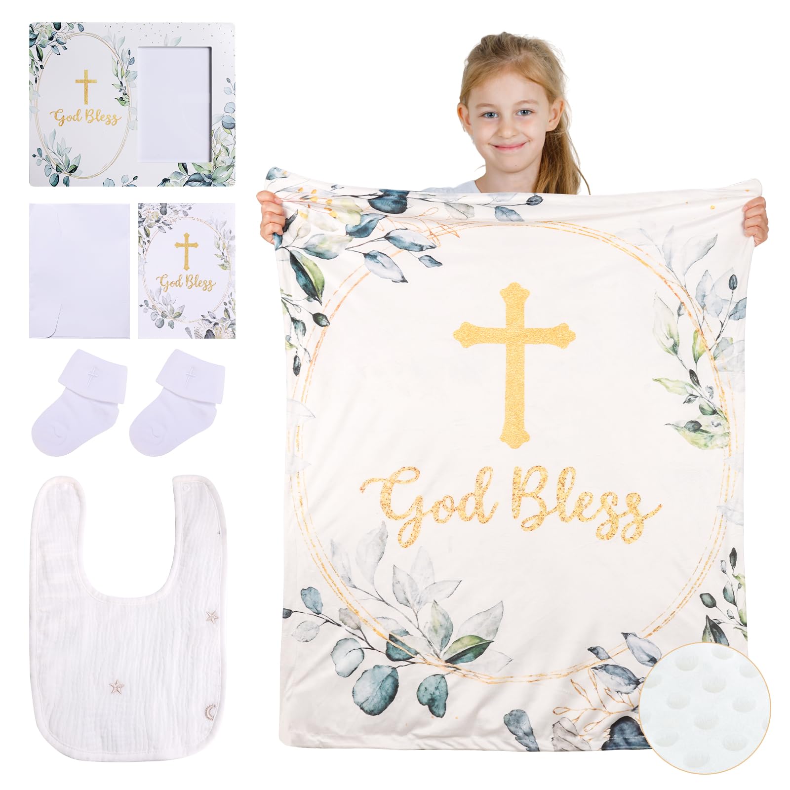 Runeaoys Baptism Gifts for Girl Boys Christening Baby Dedication Gifts with Baptism Picture Frame White Baby Blanket Socks Bib