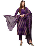 Gosriki Women'S Cotton Blend Straight Printed Kurta With Pant & Dupatta (Mohmaya Violet-Nw-Gs_S_Violet_Small),Violet,,B0CNM1CRG3