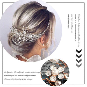 Catery Flower Bride Wedding Headband Crystal Pearl Hair Vine Braid Headpiece Bridal Hair Accessories for Women (Rose Gold)
