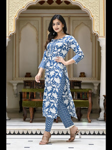 Gosriki Women'S Cotton Blend Printed Straight Kurta With Pant (Pustak Blue-Ner-Gs_Xl_Blue_X-Large),Blue,,B0C96BN5FQ