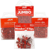 JAM PAPER Office Clip Assortment - Red - (1) Binder Clips (1) Round Paper Cloops and (2) Paper Clips (Regular & Jumbo) - 4/Pack