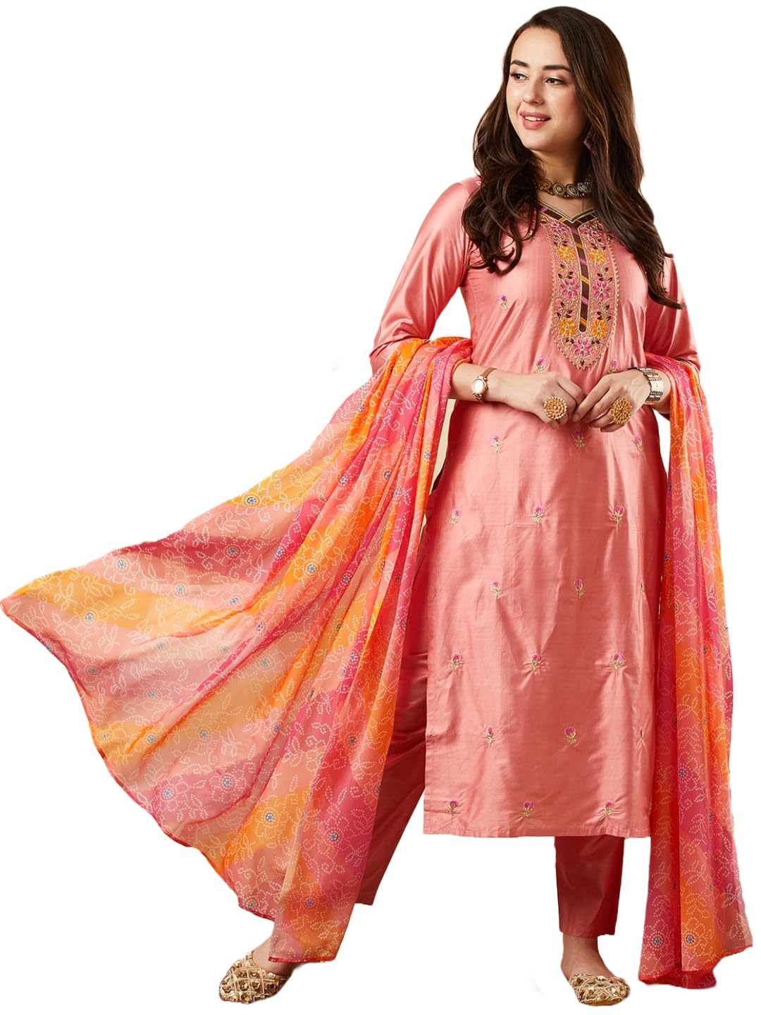 Gosriki Women'S Cotton Blend Embroidered Straight Kurta With Pant & Dupatta (Lily Peach-Gs_Xl_Peach_X-Large),Peach,,B0CJY7YSDK