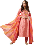 Anni Designer Women'S Cotton Blend Embroidered Straight Kurta With Pant & Dupatta (Lily Peach_S_Peach_Small),Peach,S