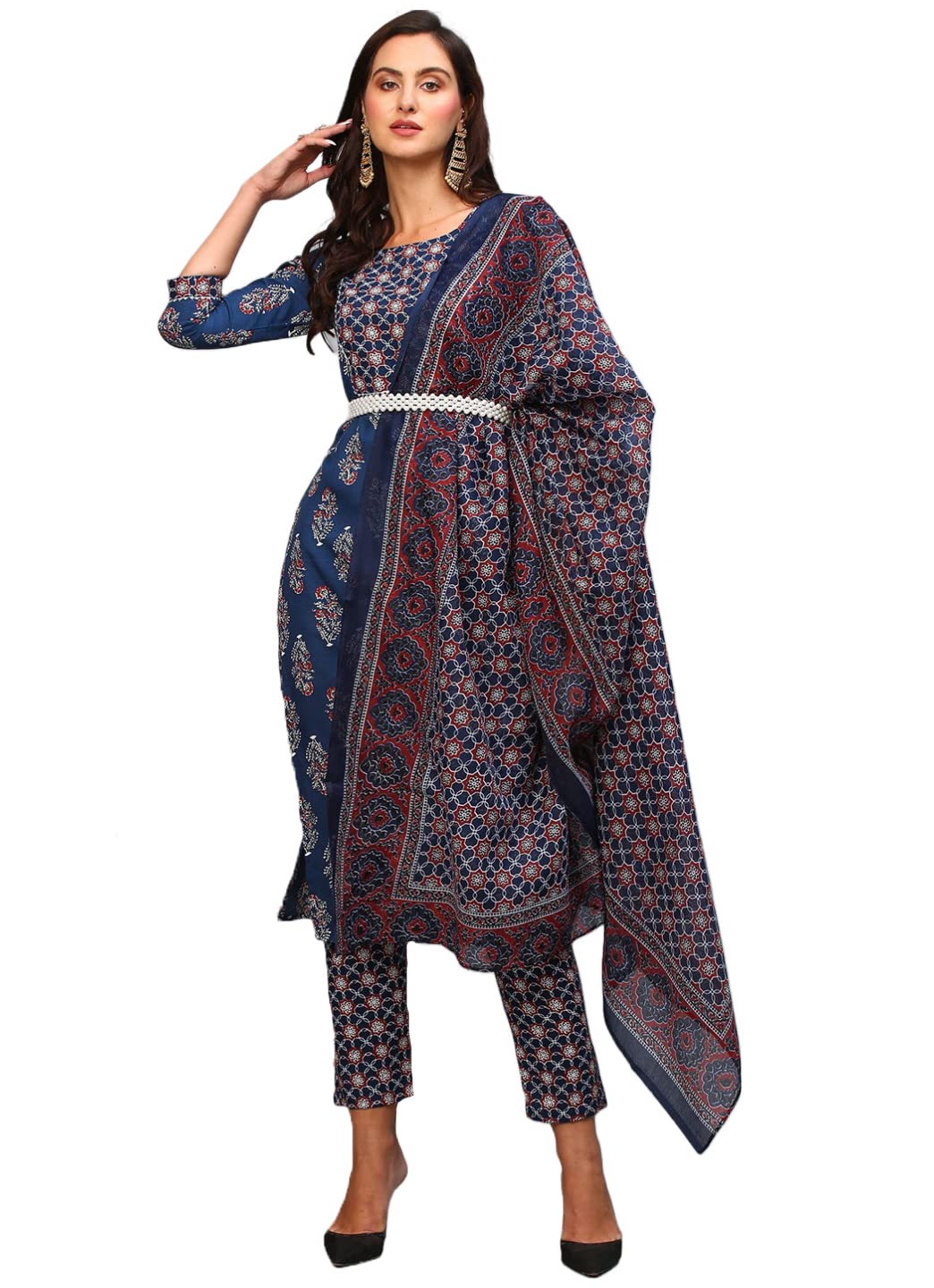 Gosriki Women'S Cotton Blend Printed Straight Kurta With Pant & Dupatta (Patni Blue-Jan18-Gs_5Xl_Blue_Xxxxx-Large),Grey,5,B0BTJ7RZB3