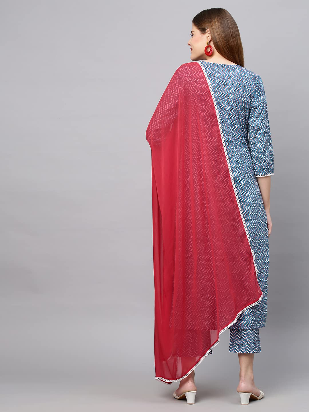 Anni Designer Women'S Cotton Blend Printed Straight Kurta With Pant & Dupatta (Pinkari Blue_M_Blue_Medium),Blue,M,Cotton Blend,Straight,Pants, Dupatta