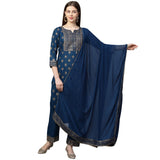 Anni Designer Women'S Cotton Straight Kurta With Pant & Dupatta (Kptd-Cot-10132-Blue_Xl_Blue_X-Large),Blue,XL