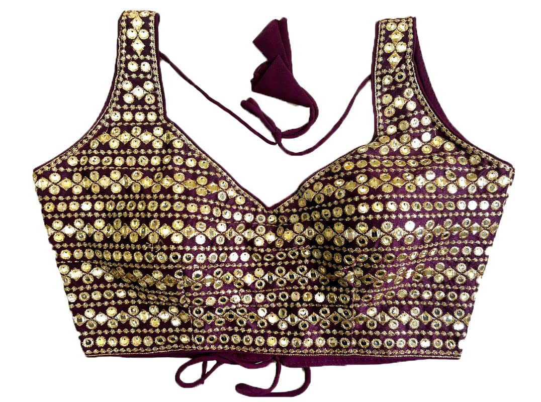 Vihu Fashion Womens Readymade Sweetheart Neck Sleeveless Mirror Saree Blouse.(Paper Foil Wine_38)