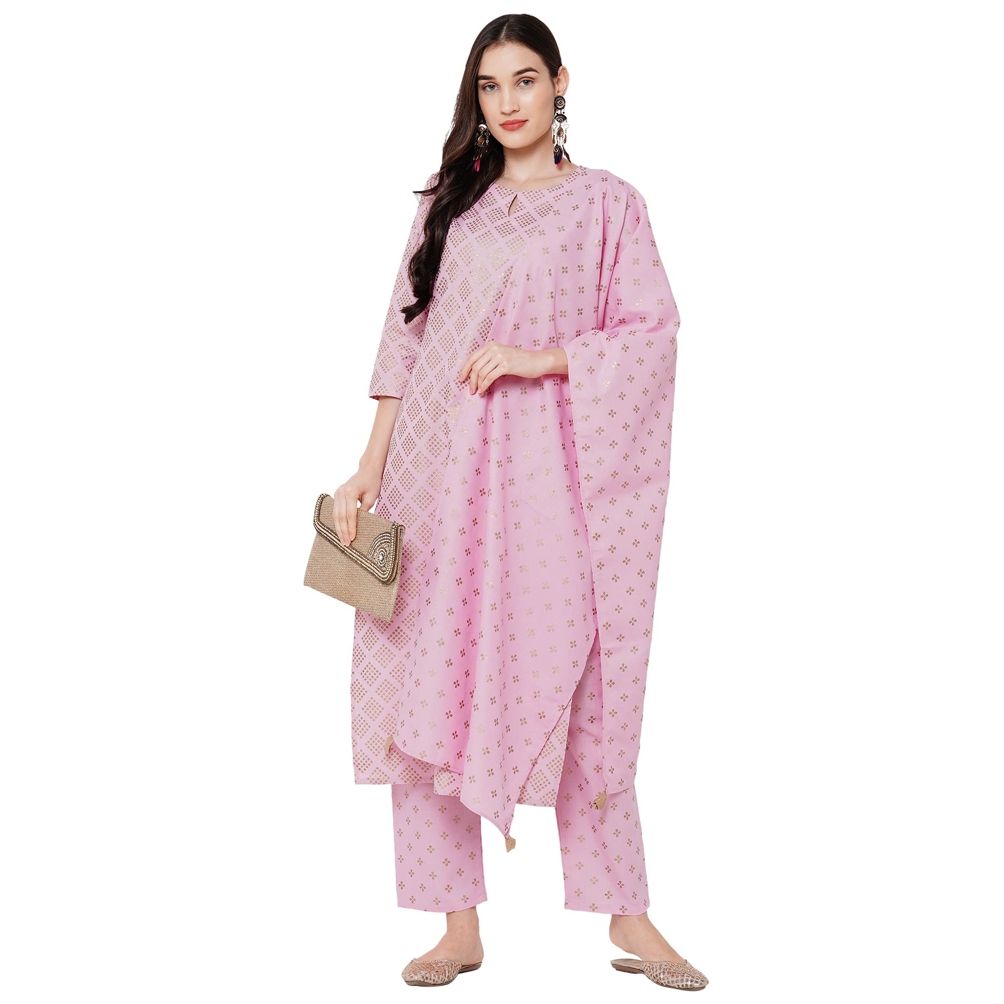 Anni Designer Women'S Cotton Foil Printed Kurta With Palazzo And Dupatta (Raju Pink Styl_L_Pink_Large),Pink,L