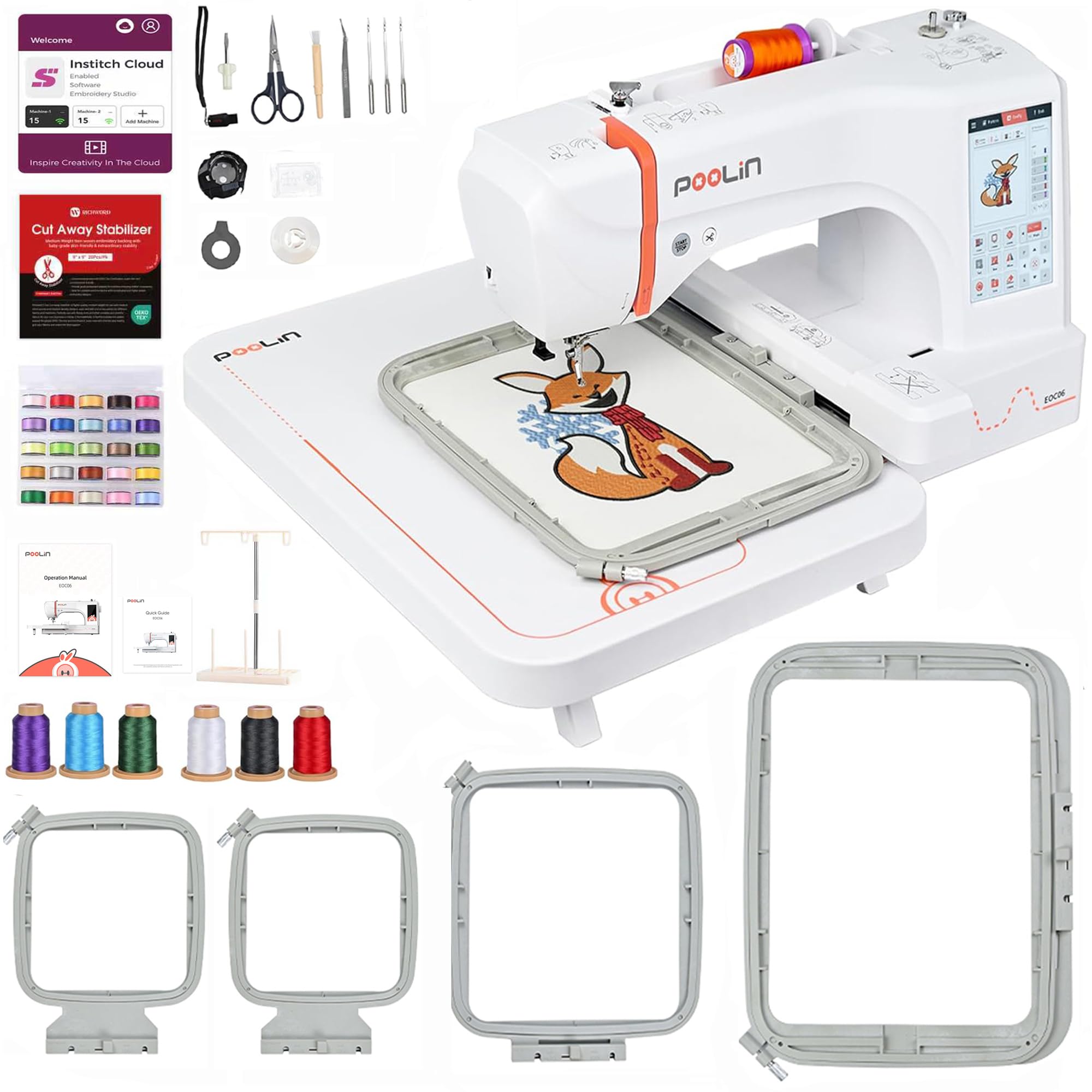 POOLIN EOC06 Embroidery Machine,7 Touchscreen,7.9 x11 Hoop Area,Computerized Home Embroidery Machine for Beginners Gifts,200 B