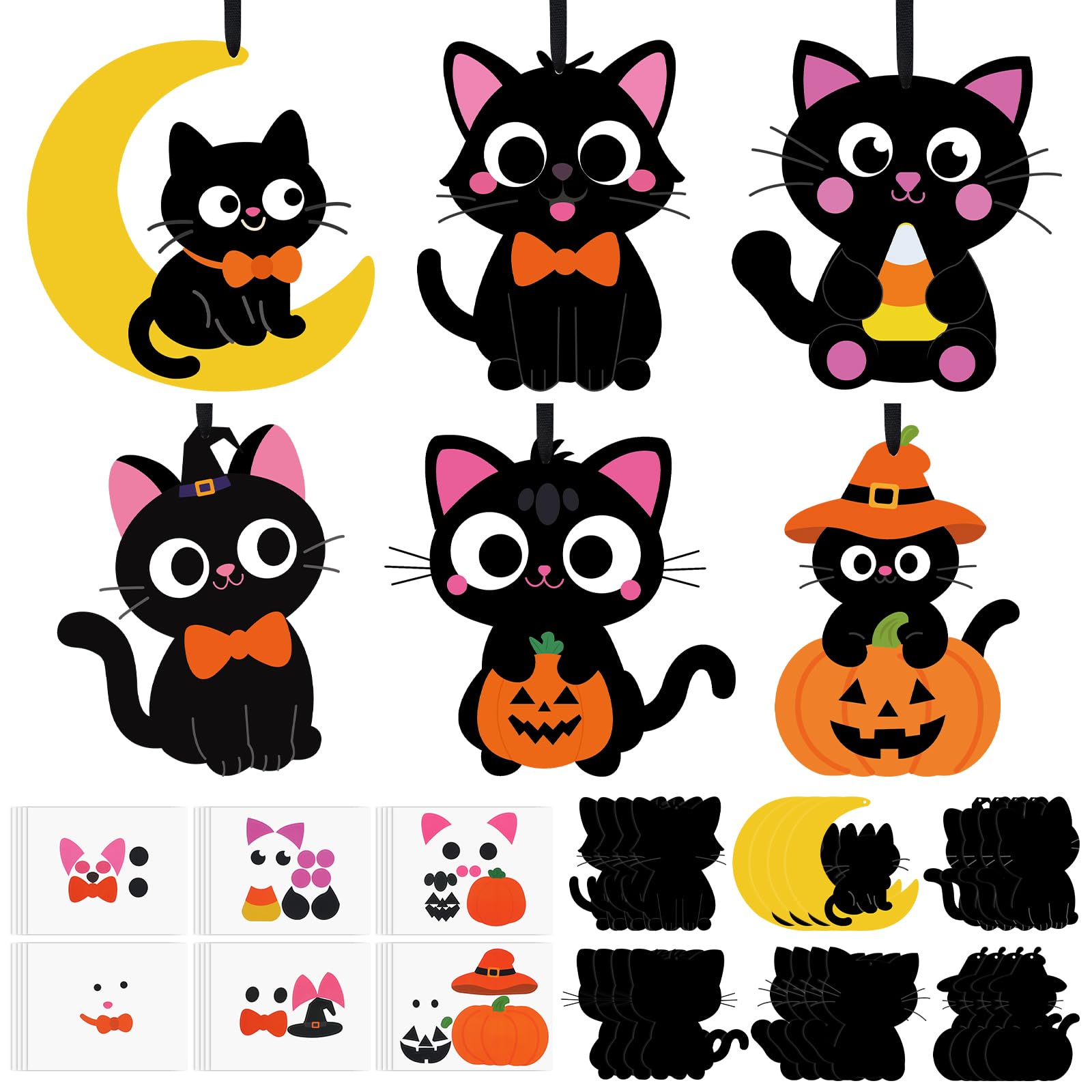Yexiya 24 Sets Halloween Craft Kits Black Cat Crafts DIY Hanging Ornaments with Sticker and Ribbon Pumpkin Moon Corn Paper Hangi