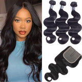 Amella Hair Brazilian Body Wave Hair 3 Bundles with T part lace Closure Middle Part,Brazilian Virgin Hair 4x0.75 inch Lace Closu