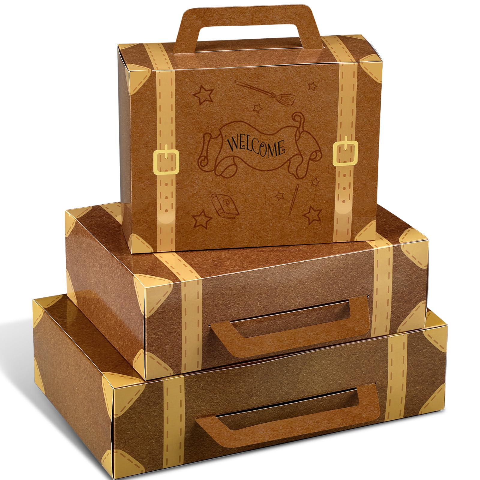 Weekgrat 6 Pcs Retro Magical Birthday Party Boxes Decorative Welcome Kraft Paperboard Suitcases Table Centerpieces 3 Size Vintag