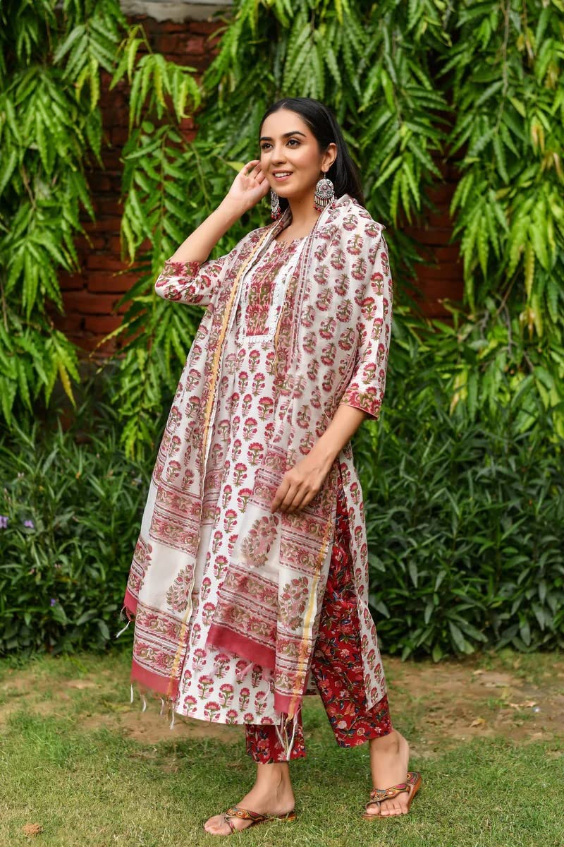 Gosriki Women'S Cotton Blend Straight Printed Kurta With Pant & Dupatta (White-Bone-Gs_Xl_White_X-Large),White,,B0BWFLTX65