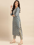 Anni Designer Women'S Cotton Blend Straight Printed Kurta With Pant Set (Tbh Blue-Nwg_4Xl_Blue_Xxxx-Large),Blue,4XL,Cotton Blend,Regular,