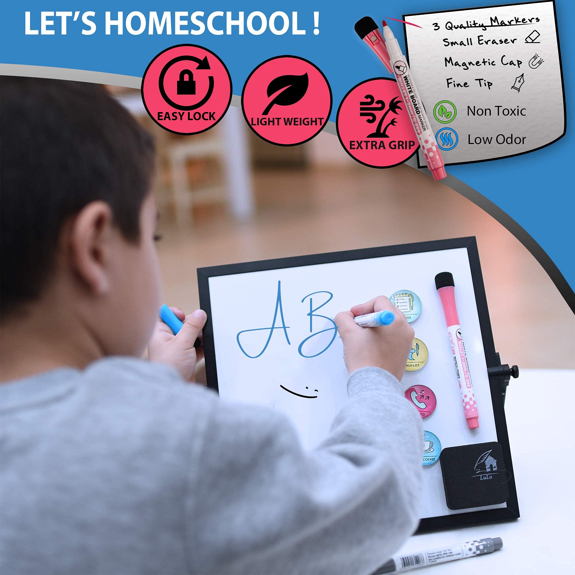 Small Dry Erase White Board 10X10- Desktop Whiteboard Black Frame with Stand, 3 Markers, 4 Magnets & Eraser - Double-Sided P