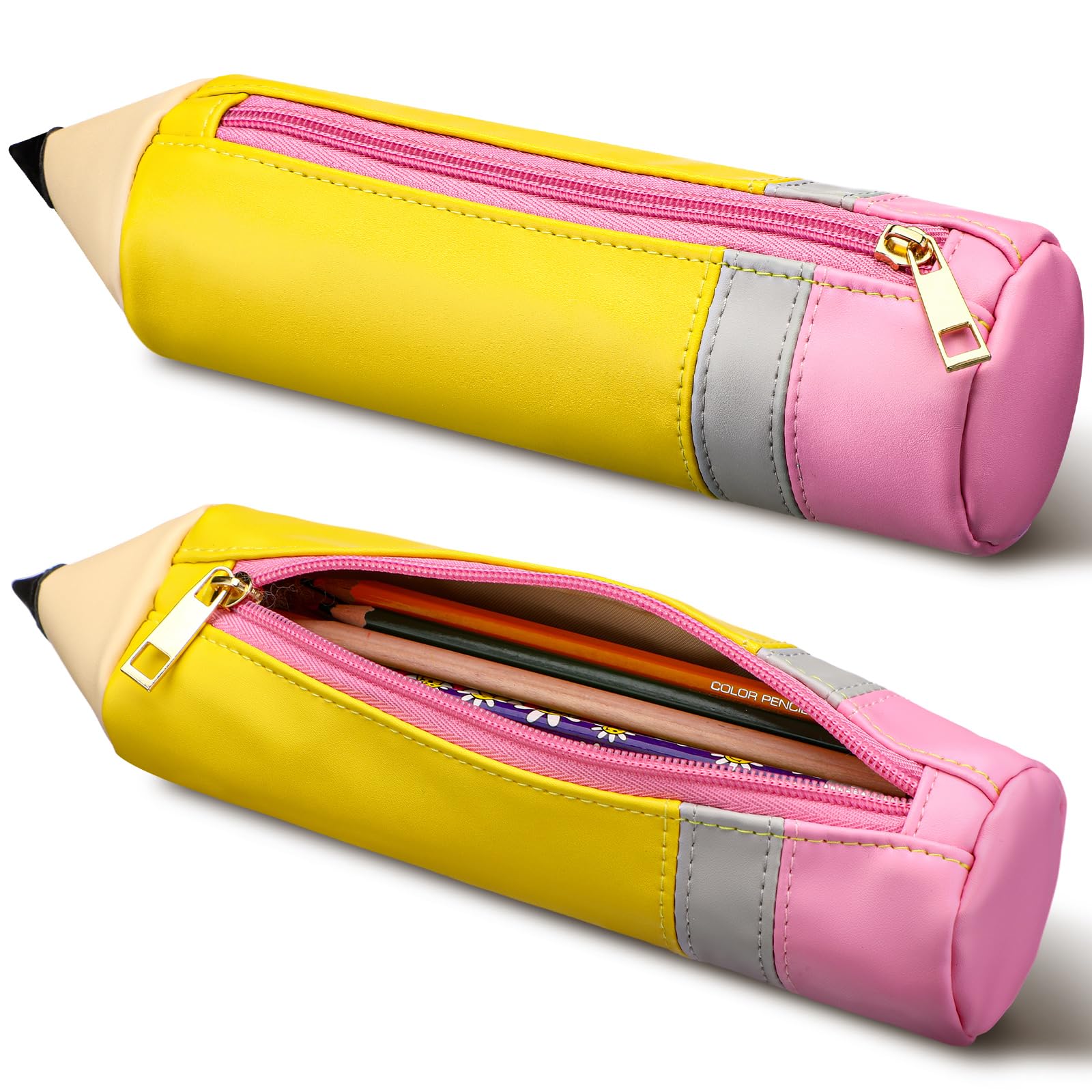 Kisston 1 Pcs Pencil Shaped Case, Leather Teacher Pencil Pouch, Cute 3D Dimensional Pen Holder with Zipper, Funny Large Capacity