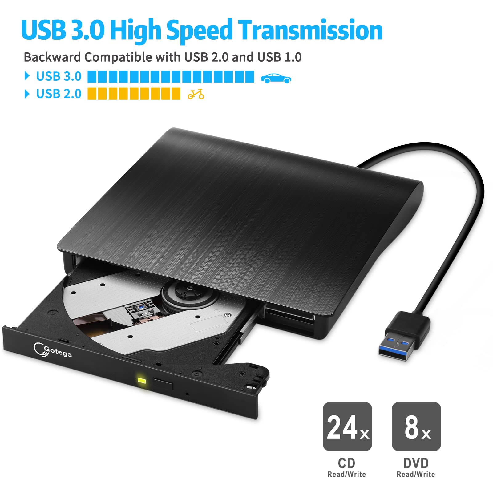 Gotega External DVD Drive, USB 3.0 Portable +/-RW , DVD Player for CD ROM Burner Compatible with Laptop Desktop PC Windows Linux