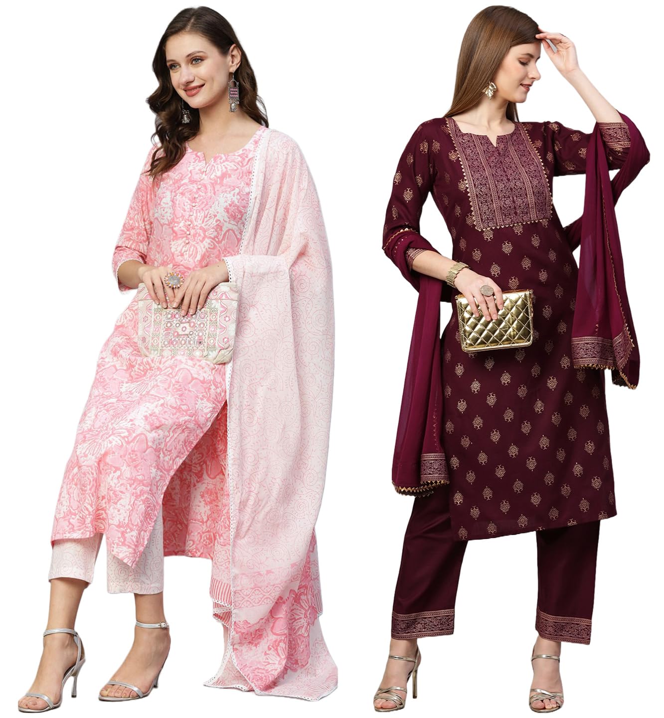 Anni Designer Women'S Cotton Blend Printed Straight Kurta With Pant Pack Of 2 (Combo-Prem Pink-Coco-Wine_Multicolor_Medium),Multicolour,M