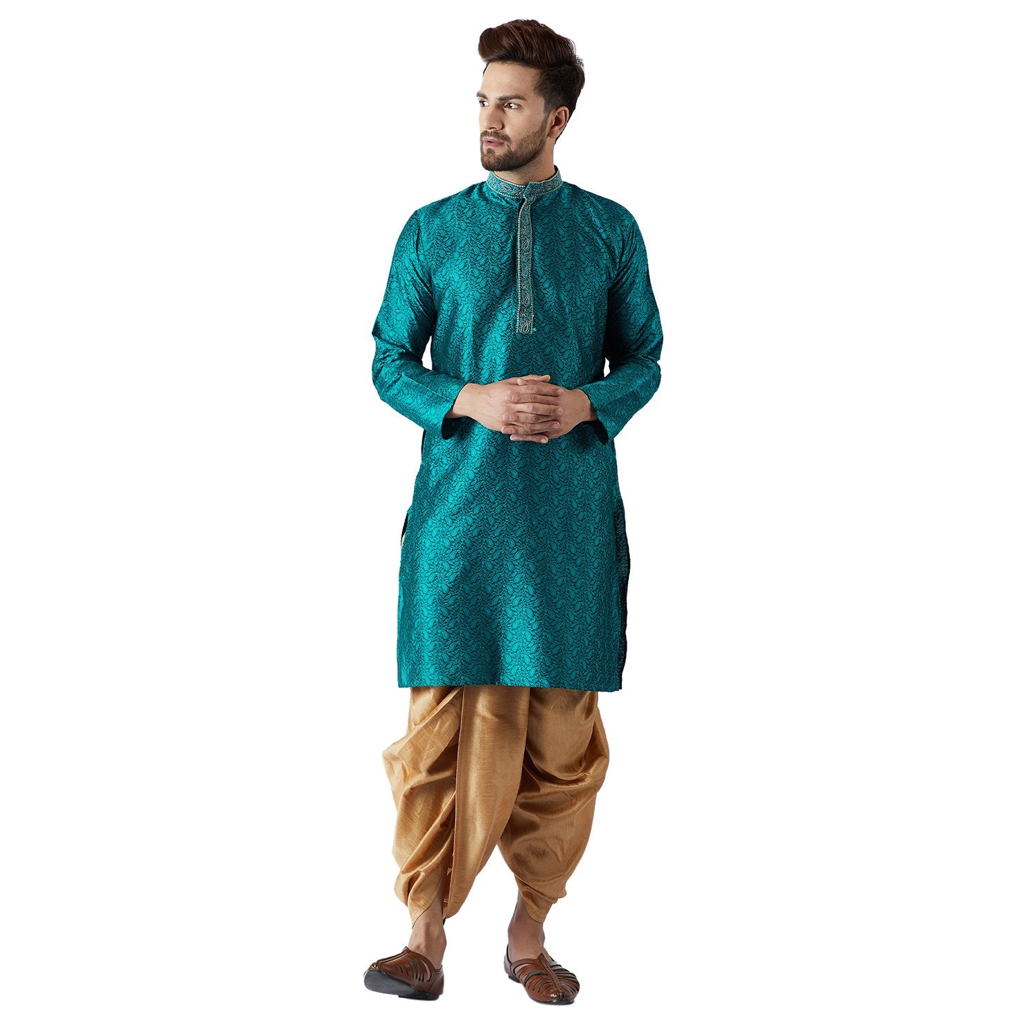 Sojanya (Since 1958, Men'S Teal Green & Gold Silk Blend Kurta & Dhoti Set, Size: Xxl