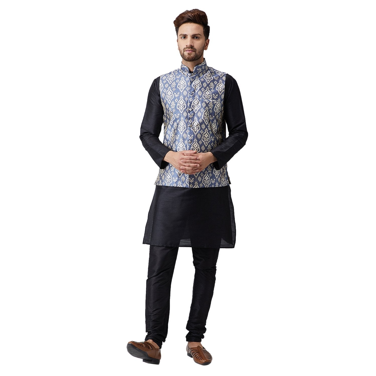 Sojanya (Since 1958 Men'S Silk Black Kurta Pyjama & Blue Printed Nehru Jacket Set Size L