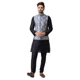 Sojanya (Since 1958 Men'S Silk Black Kurta Pyjama & Blue Printed Nehru Jacket Set Size L