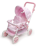 Badger Basket Double Front to Back Stroller for Dolls - Lightweight Foldable Toy Pram with Gingham Fabric Canopy and Storage Bas