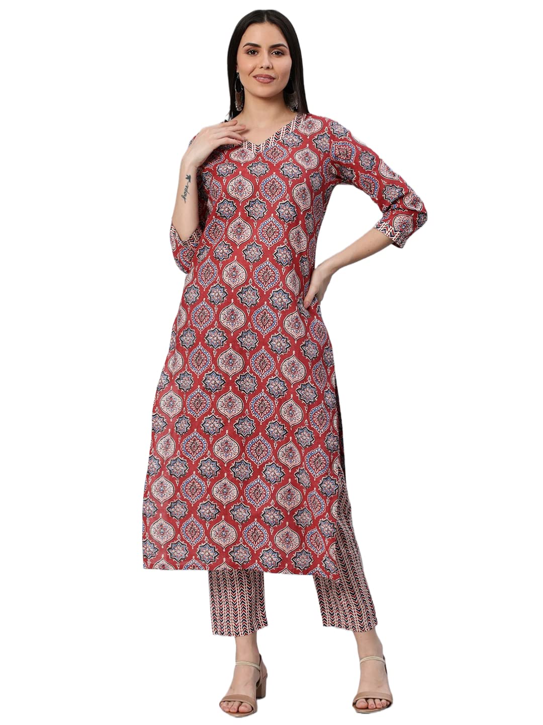 Anni Designer Women'S Cotton Blend Straight Printed Kurta With Pant (Priyani Red-Nw6_M_Red_Medium),Red,M