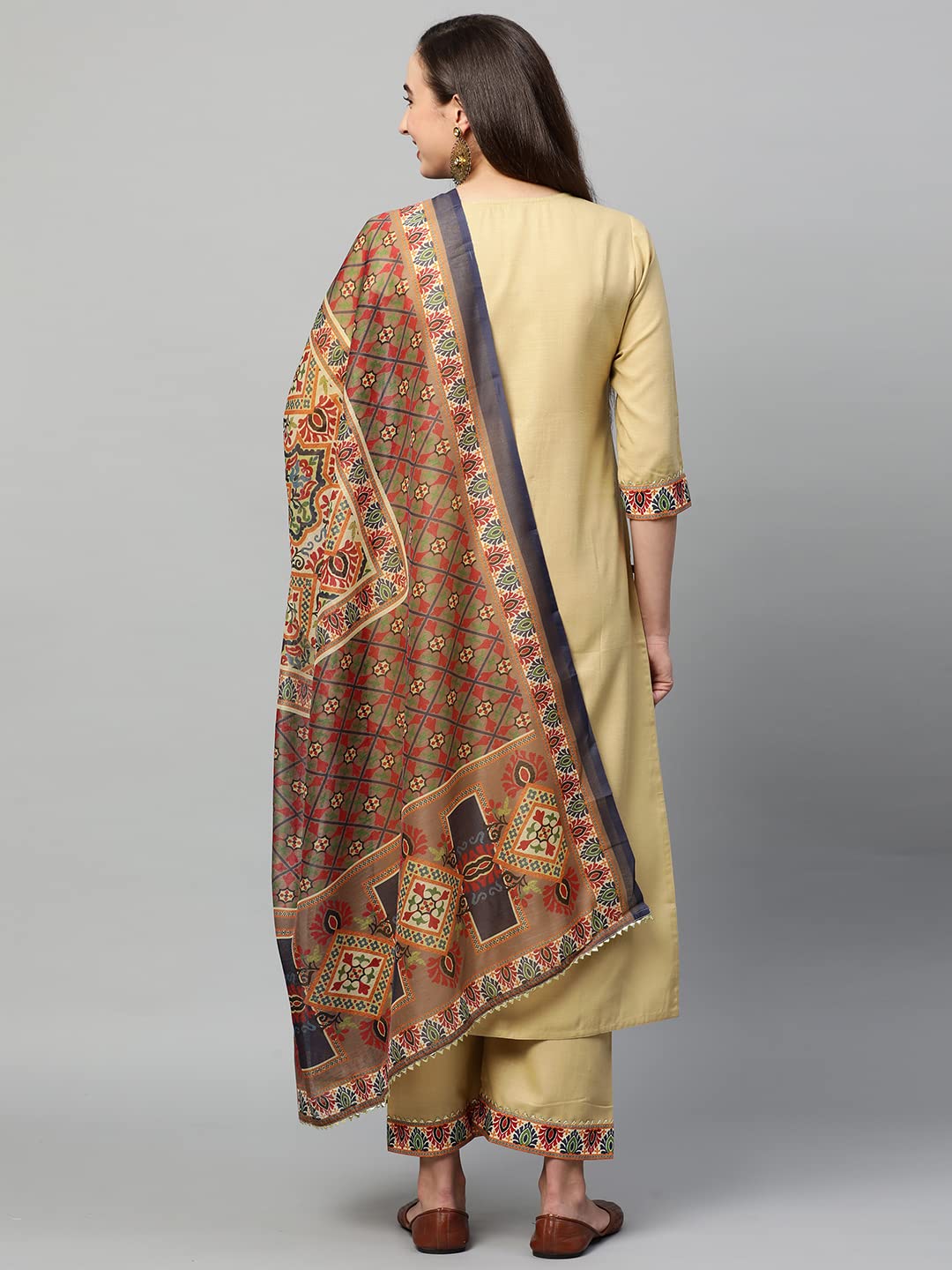 Anni Designer Women'S Cotton Straight Solid Kurta With Palazzo & Dupatta (Reema Beige-Jan15_S_Beige_Small),Chiku,S,Cotton Blend,Regular,Dupatta