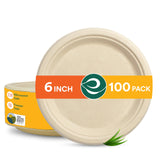 ECO SOUL 100% Compostable 6 Inch Small Paper Plates (100-Pack) Disposable Party Heavy Duty, Eco-Friendly, Appetizer, Dessert, We