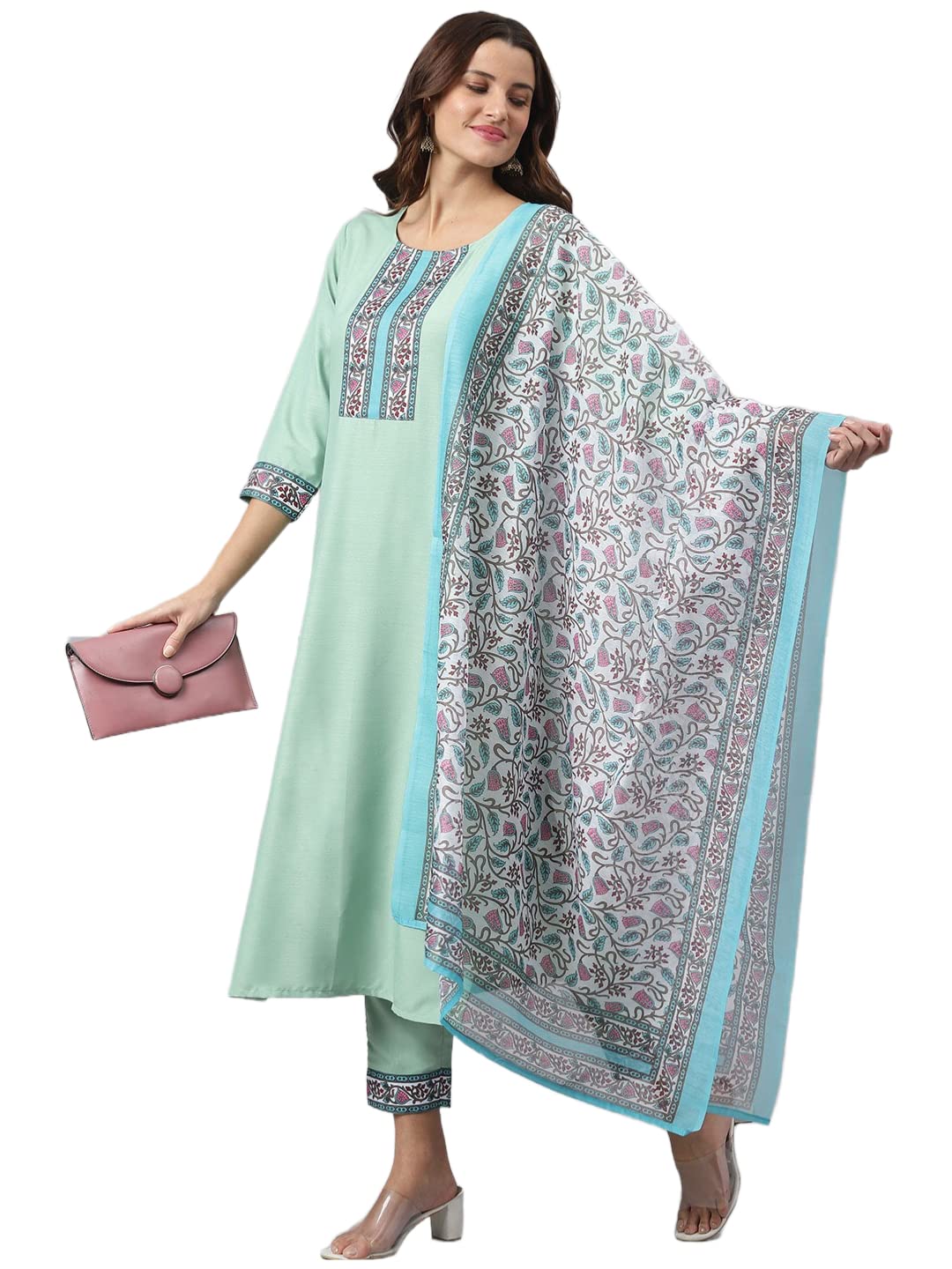 Anni Designer Women'S Cotton Blend Straight Printed Kurta With Pant & Dupatta (Jam001-Green_Xxl_Dark Blue_Xx-Large),Green,2XL