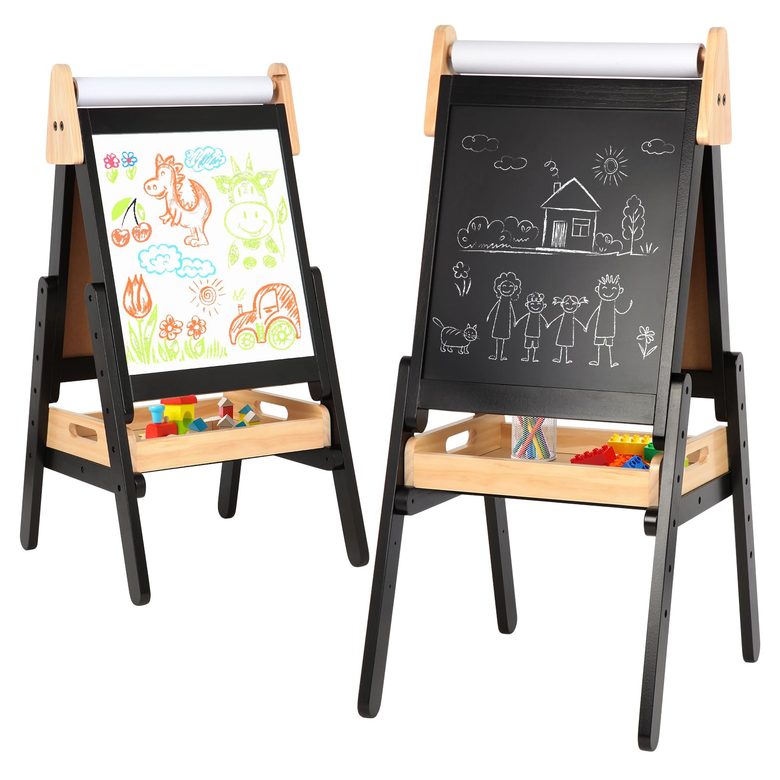 3 in 1 Easel for Kids with Wood Tray Double Sided Kids Easel with Paper Roll,Magnetic Chalkboard & White Board Height Adjustable