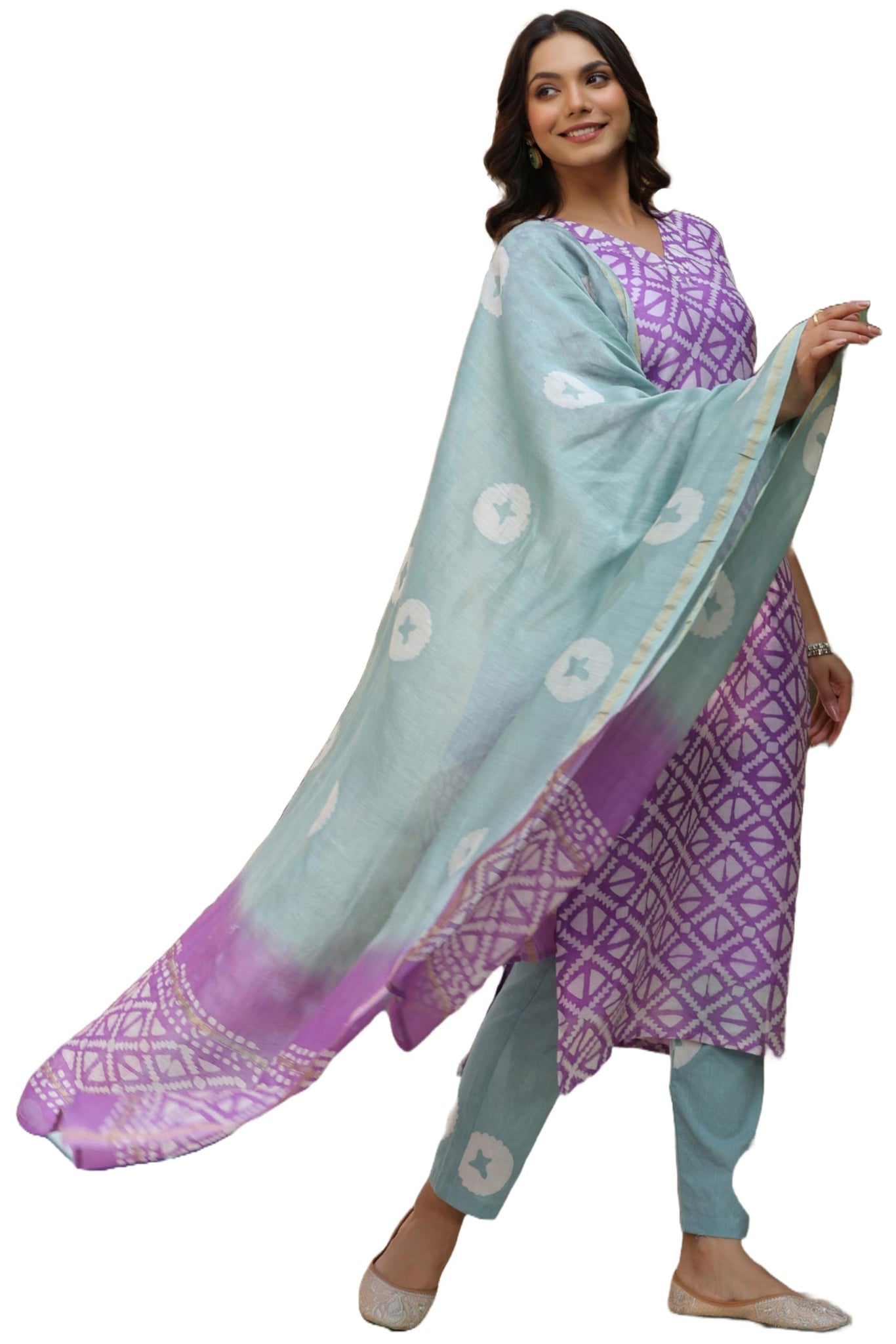 Anni Designer Women'S Cotton Blend Straight Printed Kurta With Pant & Dupatta (Gupta Purple_S_Purple_Small),Purple,S