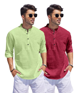 Bellstone Men'S Cotton Blend Solid Regular Dress Shirt (Kurta1500_Combo_L Green & Burgundy_L_Light