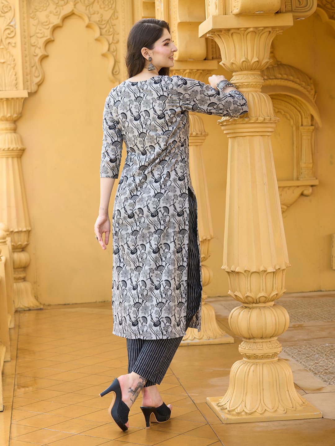Gosriki Women'S Cotton Blend Straight Printed Kurta With Pant (Civil-Grey-Gs_M_Grey_Medium),Grey,,B0CFFFBH7B