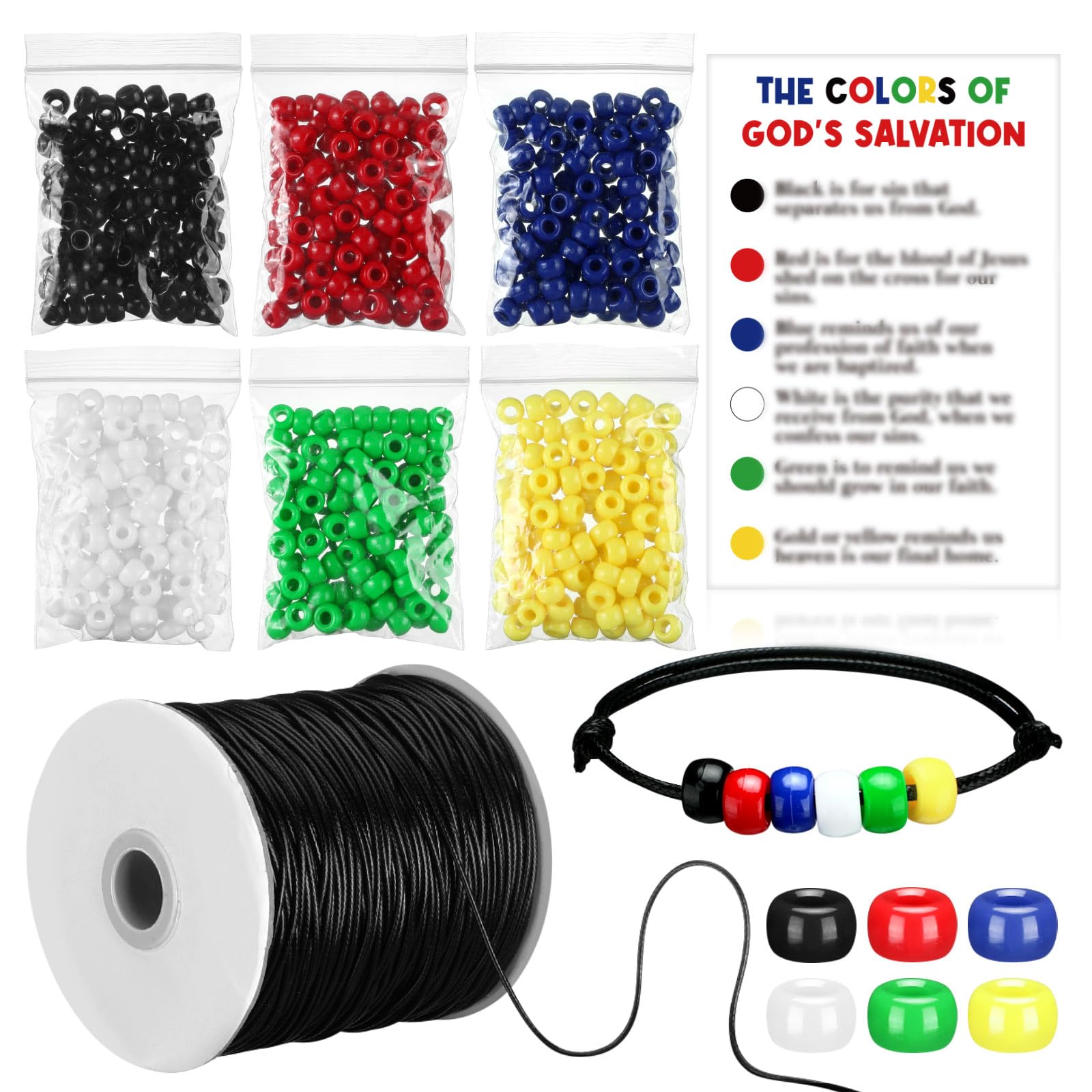Tondiamo 1200 Pcs Plan of Salvation Bracelet Kit - Gospel Bead Bracelet Bulk for Teaching Kit Christian Bible with 175 Yards Wax
