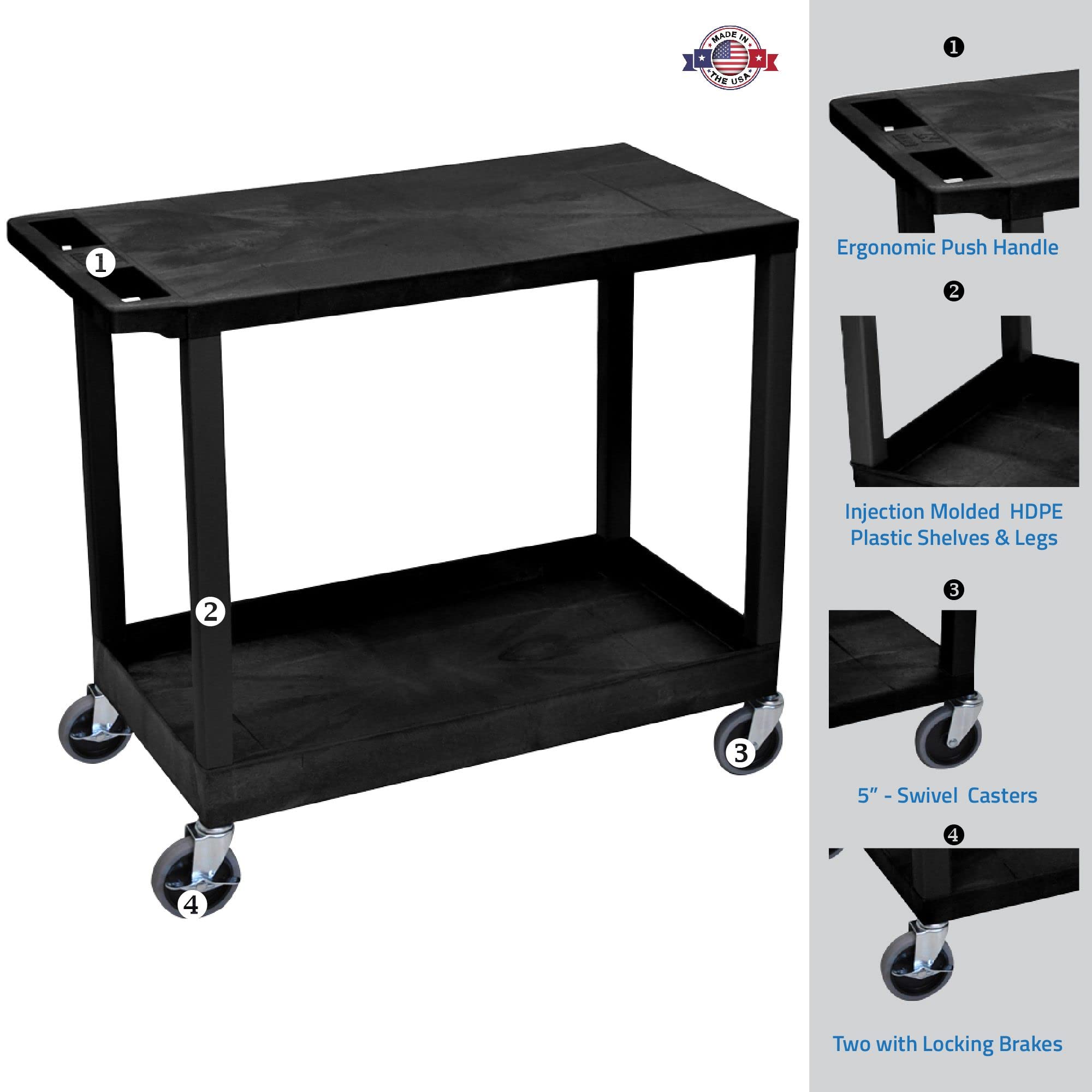 Luxor Ec21-B Cart With 1 Tub Shelf With 1 Flat Shelf, 18'' X 32'', Black