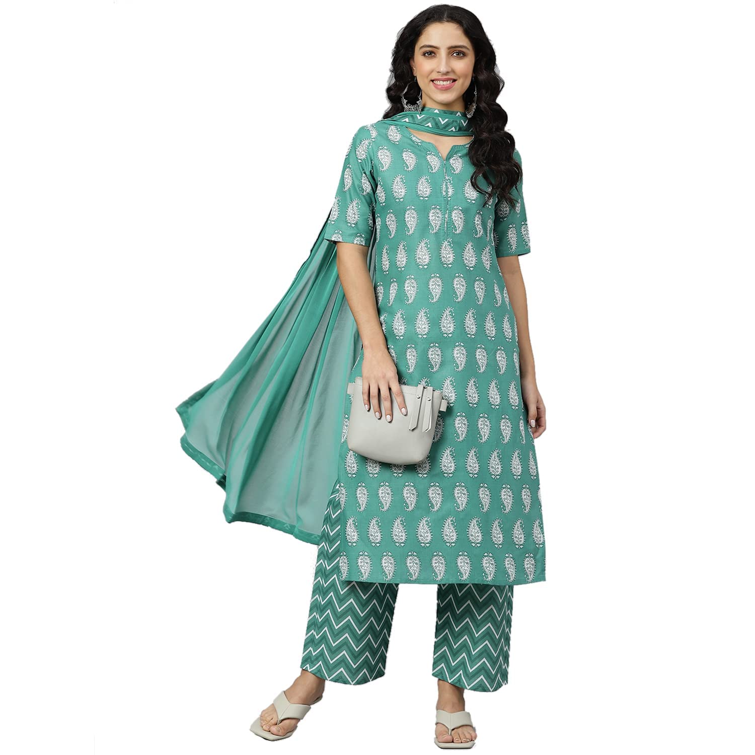 Gosriki Women'S Cotton Blend Printed Straight Kurta Palazzo & Dupatta (Tinka Green_New_L-Go_Green_Large),Green,,B0B4FWZRZL