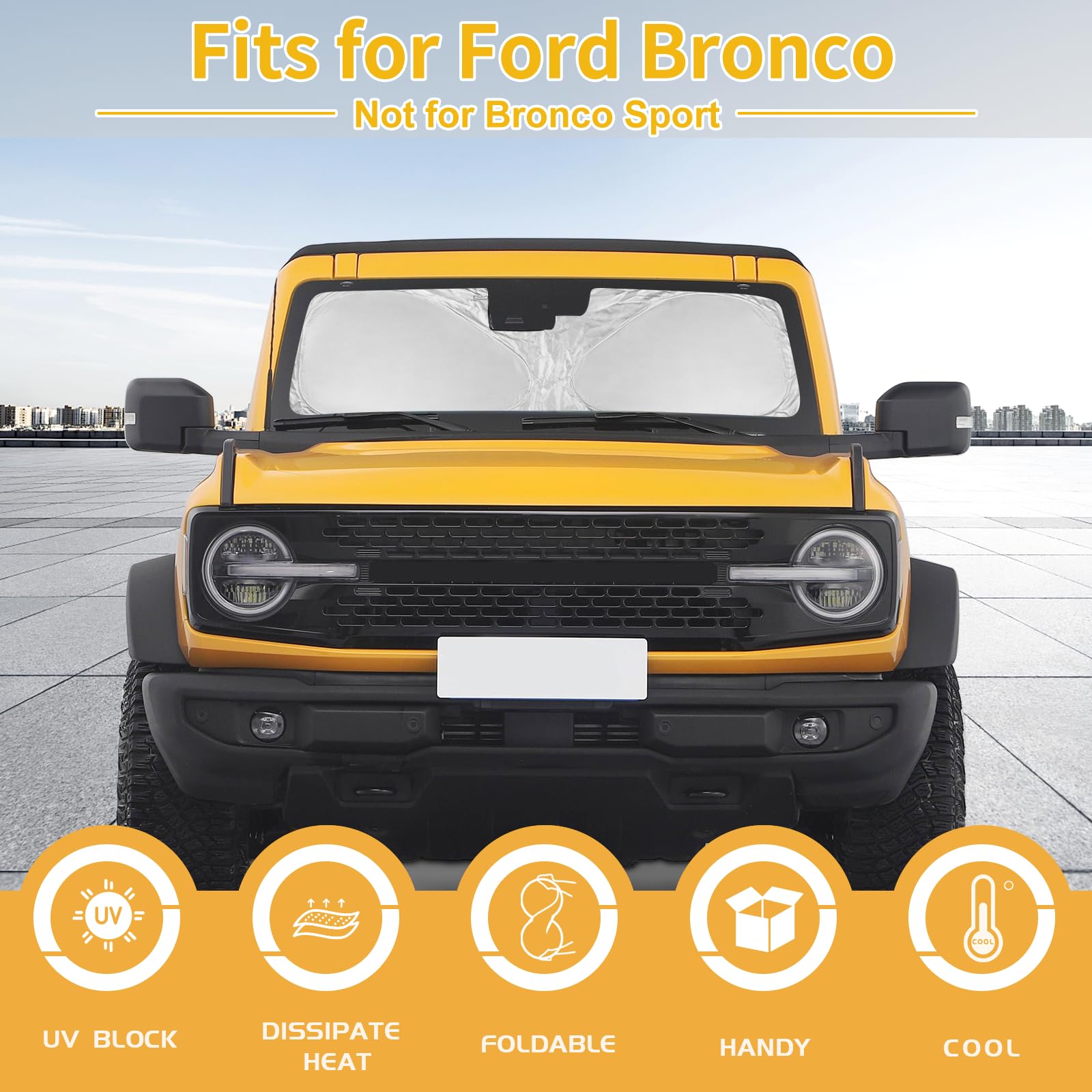 UKTOP for Ford Bronco Windshield Sun Shade for Bronco 2021-2023 2024 (Not for Bronco Sport)- 4 Layers Window Shades 4 Door 2 Doo