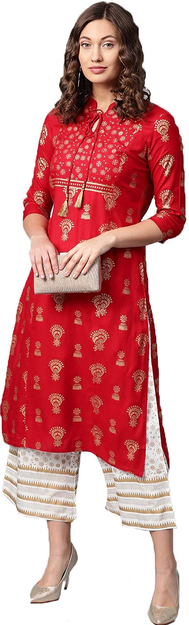 Anni Designer Women'S Rayon Golden Print Straight Kurta Kurta With Palazzo Set (Red Xxl),Red,2XL,Rayon,Regular,Pants, Palazzo
