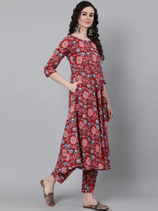 Gosriki Women'S Cotton Blend Floral Printed Anarkali Kurta With Trouser & Dupatta (Gym-Red-Gs_Xl_Red_X-Large),Red,,B0BWSB81W7