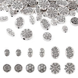 Fashewelry 48pcs Antique Silver Flat Round Spacer Beads Tibetan Style Alloy Oval Loose Beads with Flower Leaf Sun for Beading Br