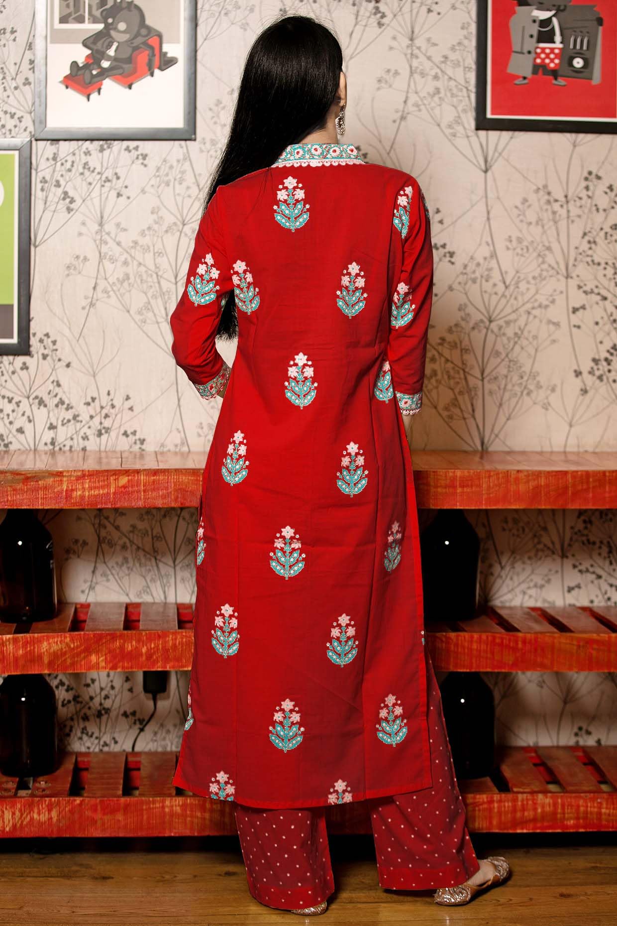 Anni Designer Women'S Rayon Viscose Floral Straight Kurta With Pant & Dupatta (Belagavi Mustard_Red_Xxxx-Large),Red,4XL,Rayon,Regular,