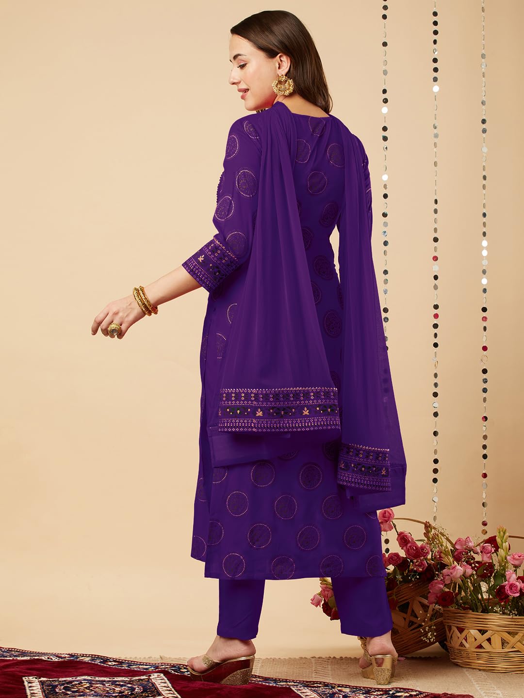 Anni Designer Women'S Rayon Viscose Printed Straight Kurta With Pant & Dupatta (Nov Begani-Vks01_Xl_Begani_X-Large),Begani,XL,Rayon,Casual,