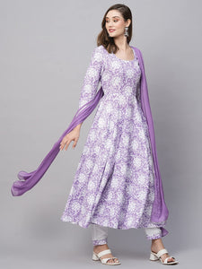 Anni Designer Women'S Cotton Blend Anarkali Printed Kurta With Pant & Dupatta (Amig-Purple_S_Purple_Small),Purple,S,,,