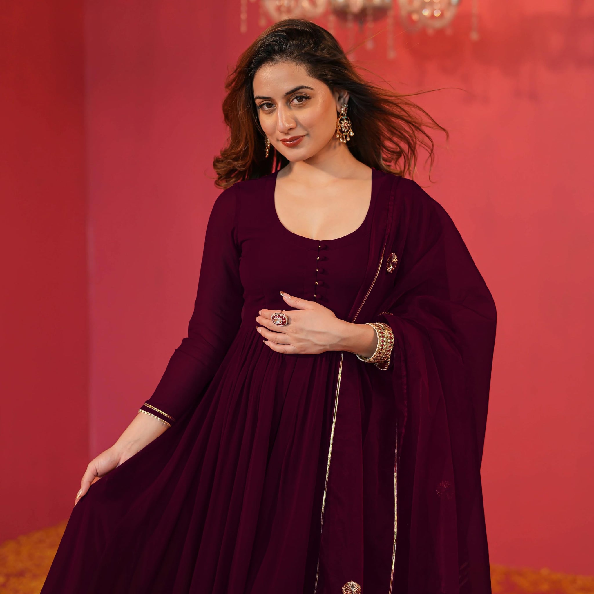 Anni Designer Women'S Rayon Blend Anarkali Solid Kurta With Pant & Dupatta (Jaynti Wine_5Xl_Wine_Xxxxx-Large),Wine,5XL,Rayon Blend,Anarkali,