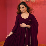 Anni Designer Women'S Rayon Blend Anarkali Solid Kurta With Pant & Dupatta (Jaynti Wine_5Xl_Wine_Xxxxx-Large),Wine,5XL,Rayon Blend,Anarkali,