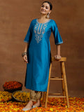 Libas Women'S Silk Floral Regular Kurta (G2736_Blue Blue Xs
