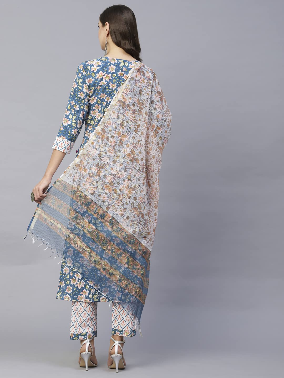 Anni Designer Women'S Cotton Blend Straight Printed Kurta With Pant & Dupatta (Kuntu Blue-Nw_Xxl_Blue_Xx-Large),Blue-Cream,2XL,Cotton Blend,Regular,kurta, Dupatta