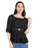 Kiawah WomenS Georgette Solid Flared Top With Belt (Medium, Black)